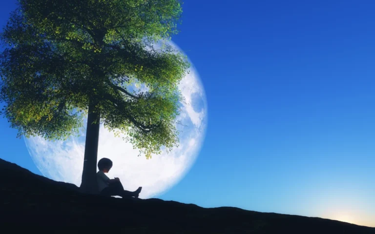 boy sitting against tree night