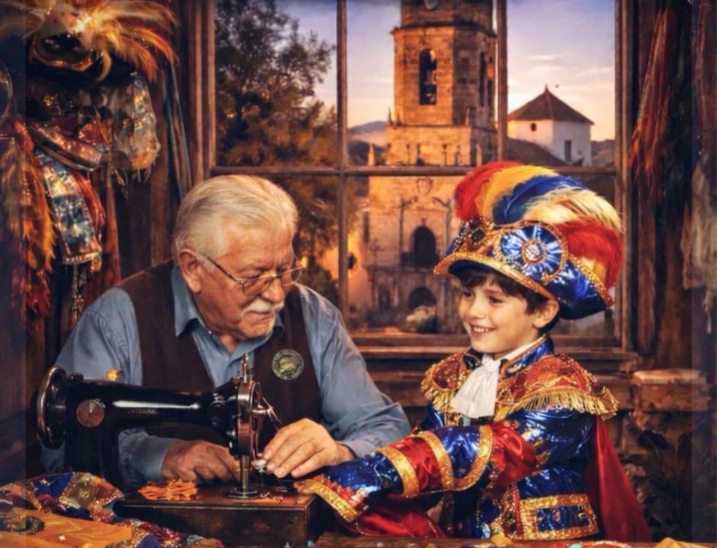 carnaval nino anciano haciendo disfraz