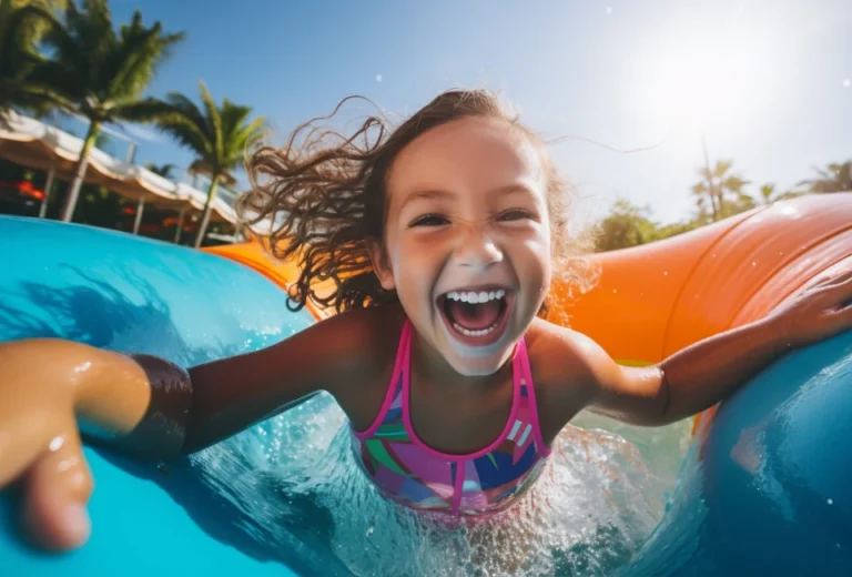 la chica tobogan en la piscina feliz