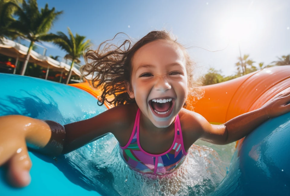 la chica tobogan en la piscina feliz