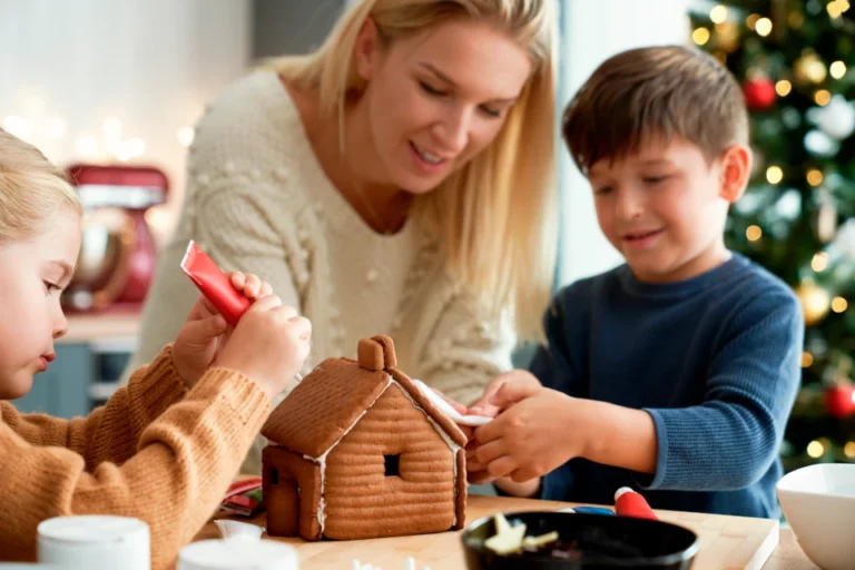 ninos felices decorando la casa de pan de jengibre