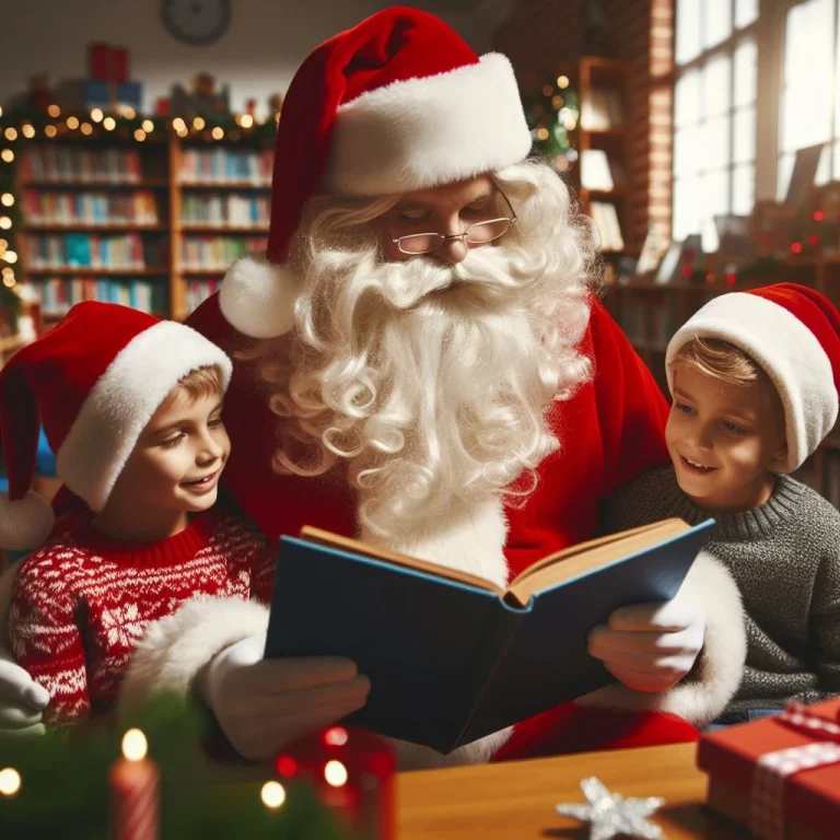 papa noel leyendo a ninos en biblioteca